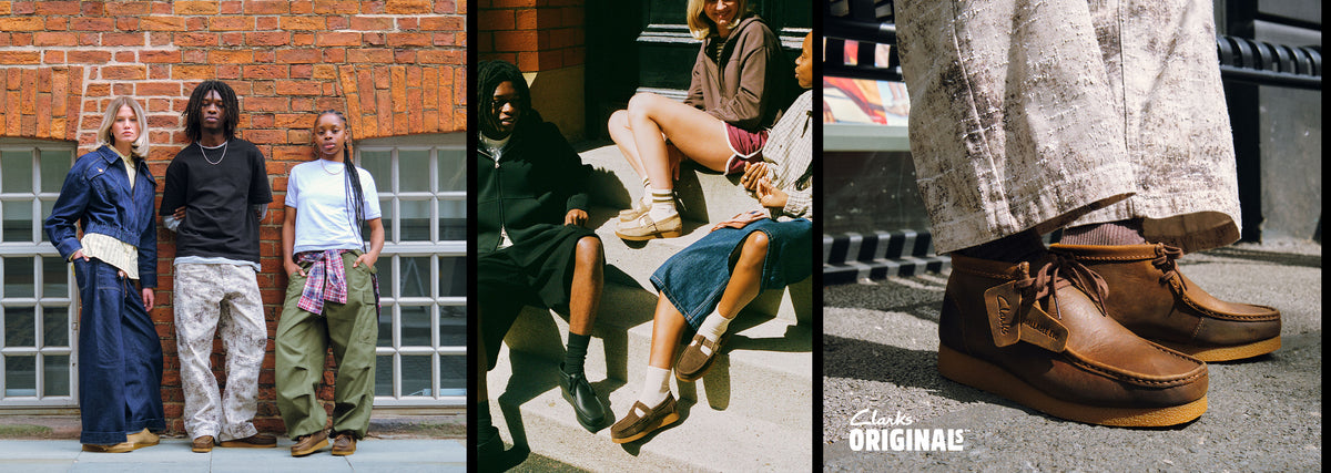 Three people in Clarks Originals against a brick wall